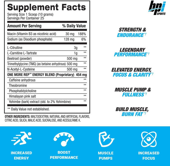 BPI Sports One More Rep Pre-Workout Powder - Increase Energy & Stamina - Intense Strength - Recover Faster - Beetroot - Carnitine - Citrulline - 0 Calorie - Fruit Punch - 25 Servings - 8.8 oz.
