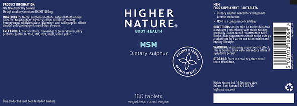Higher Nature Msm Sulphur 180 Tablets