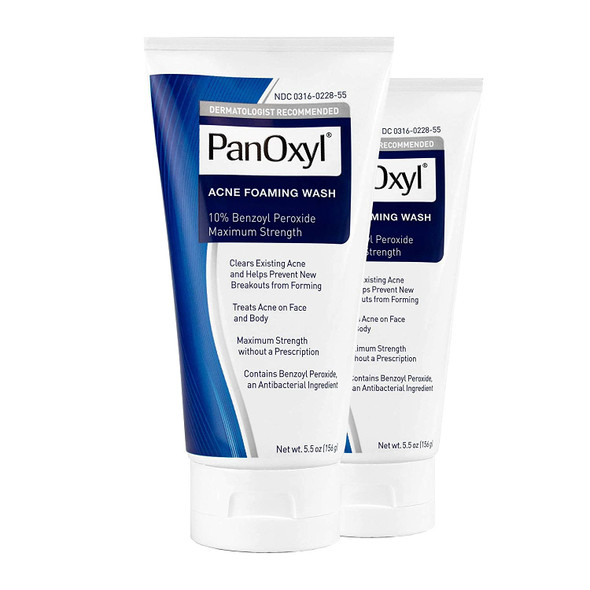 PanOxyl Acne Foaming Wash Benzoyl Peroxide 10% Maximum Strength Antimicrobial, 5.5 oz.(2 Pack Bundle)
