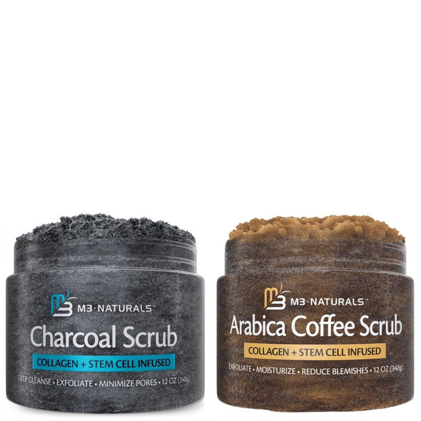 M3 Naturals Arabica Coffee Body Scrub and Charcoal Exfoliating Body Scrub Bundle with Collagen & Stem Cell