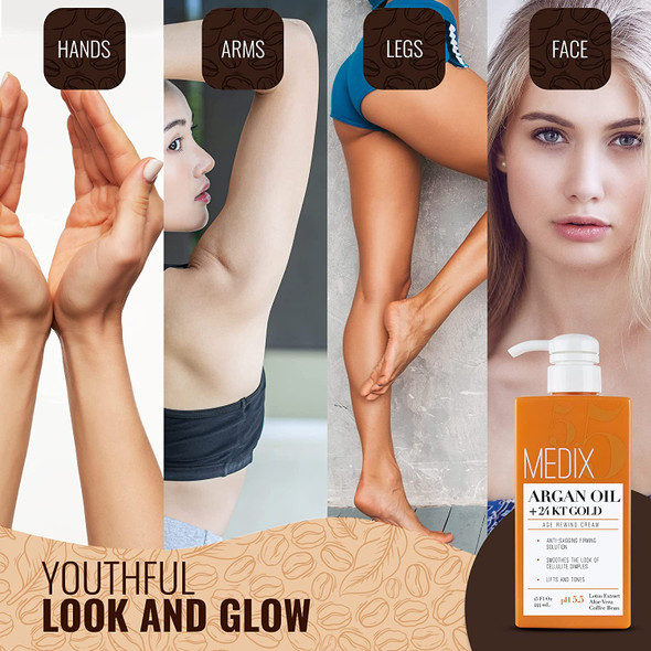 Medix 5.5 Argan Oil Cream Skin Care Face & Body Moisturizer Lotion W/ 24kt Gold, Skin Firming Body Cream Reduces Look Of Wrinkles, Cellulite, Crepey Skin, & Age Spots For Women & Men, 15 Fl Oz