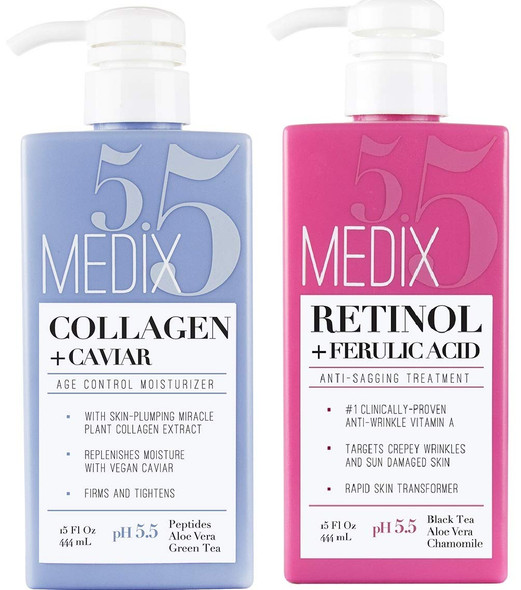 Medix 5.5 Retinol Cream + Collagen Cream Moisturizer Face & Body Lotion Skin Care 2-Piece Set. Retinol Lotion Targets Crepey Skin, Wrinkles & Sun Damaged Skin. Collagen Firms & Tightens Sagging Skin