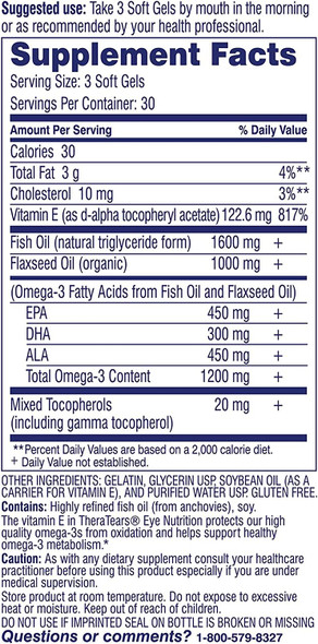 TheraTears 1200mg Omega 3 Supplement for Eye Nutrition, Organic Flaxseed Triglyceride Fish Oil and Vitamin E, 180 Count