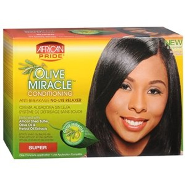 African Pride Olive Miracle Deep Conditioning No-Lye Relaxer Super - Contains Aloe Vera, Castor Oil & Biotin to Condition, Moisturize & Protect Hair, 1 Kit