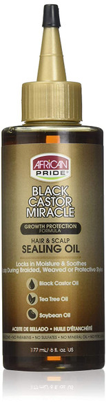 African Pride Black Castor Miracle Hair & Scalp Sealing Oil - Locks in Moisture & Soothes, Contains Black Castor Oil, Tea Tree Oil, Soybean Oil, 6 oz