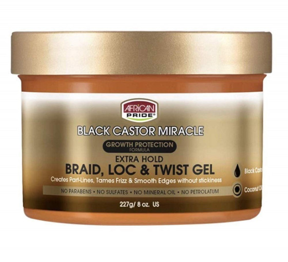 African Pride Black Castor Miracle Extra Hold Braid, Loc and Twist Gel, 8 oz