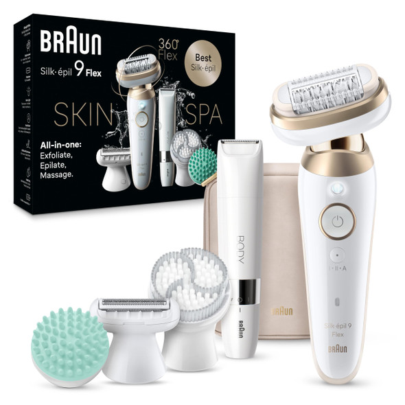 Braun Epilator Silk-épil 9 Flex SkinSpa Hair Removal Device 360 Flex and Pivoting Head Wet and Dry Includes Shaver Head Trimmer Comb Massage Pad Exfoliation Brush and BodyTrimmer SES9-481 3D