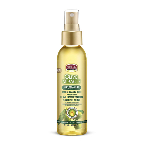 African Pride Olive Miracle Weightless Heat Protection & Hair Shine Mist, Fights Humidity & Shields Against Heat Damage, Enriched with Olive & Tea Tree Oils, 4 oz