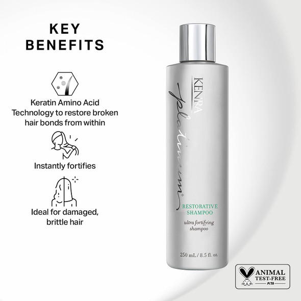 Kenra Platinum Restorative Shampoo | Ultra Fortifying | Instantly Fortifies To Restore Smoothness, Suppleness, & Shine | Restores Broken Hair Bonds From Within | All Hair Types | 8.5 fl. oz.