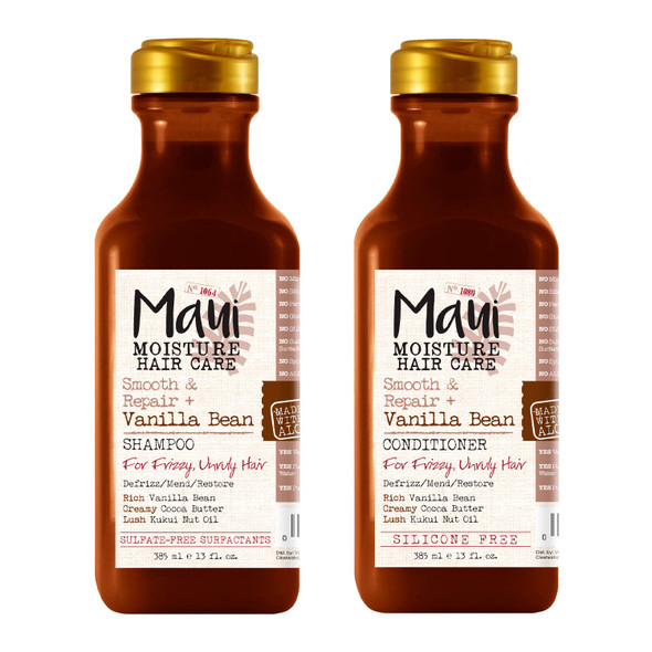 Maui Moisture Smooth & Repair Anti-Frizz Curl Shampoo, vanilla bean 13 Fl Oz with Maui Moisture Smooth & Repair + Bean AntiFrizz Curl Conditioner to Deeply Hydrate & Moisturize Thick