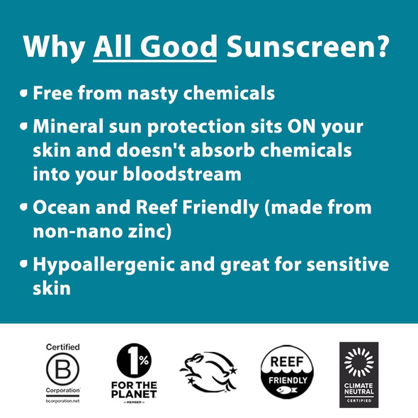 All Good Baby & Kids Mineral Sunscreen Butter Stick for Face, Nose, Ears - UVA/UVB Broad Spectrum SPF 50, Coral Reef Friendly, Water Resistant, Zinc Oxide, Coconut Oil, Beeswax, Vitamin E (2.75 oz)