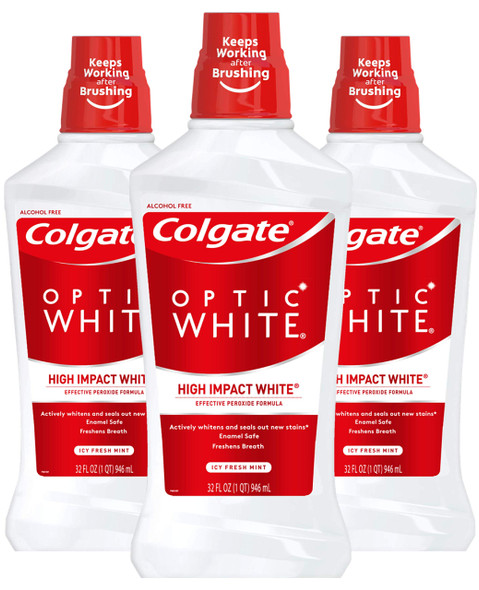Colgate Optic White Whitening Mouthwash, 2% Hydrogen Peroxide, Fresh Mint - 946mL, 32 fluid ounce (3 Pack)