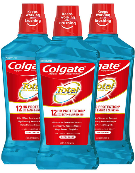 Colgate Total Alcohol Free Mouthwash for Bad Breath, Antibacterial Formula, Peppermint - 1L, 33.8 Fluid Ounce (3 Pack)