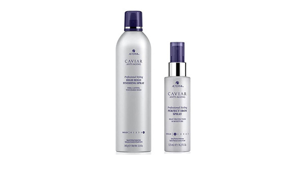 Alterna Caviar Professional Styling High Hold Finishing Hair Spray 7.4oz and Perfect Iron Spray 4.2oz  Firmer Hold To Shape  Transform Hair  Natural Looking Shine  Sulfate Free