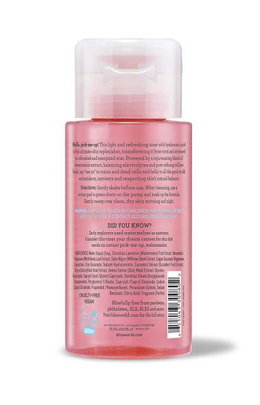 Bliss What a Melon Replenishing Watermelon Toner with Witch Hazel and Willow Bark  Replenishes Refreshes and Energizes Tired Skin  Clean  CrueltyFree  Paraben Free  Vegan  7 oz