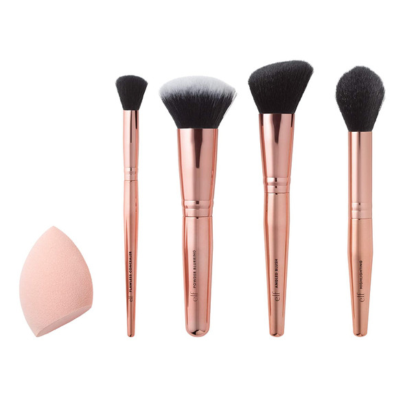 e.l.f. Cosmetics Complexion Essentials Brush  Sponge Set Concealer Powder Blush  Highlighter Brushes  Total Face Sponge For A Perfect Complexion