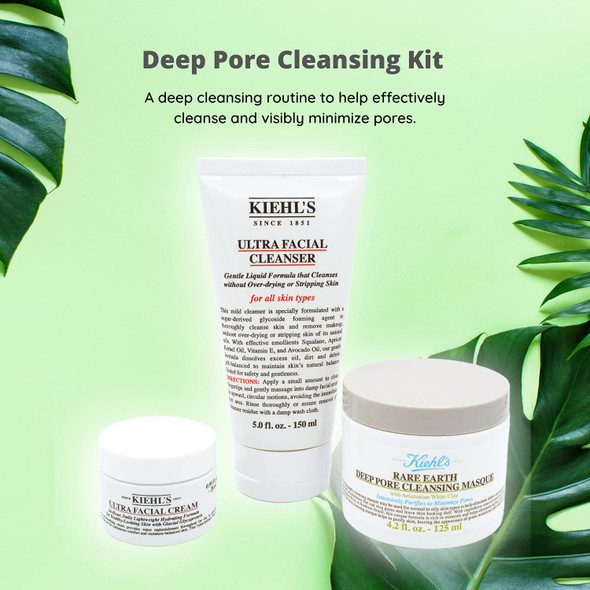 Kiehls Deep Pore Cleansing Kit Ultra Facial Cleanser Wash Deep Pore Cleansing Mask Ultra Facial Cream  Face Skin Care Routine Set for Oily Dull Acne Prone Skin