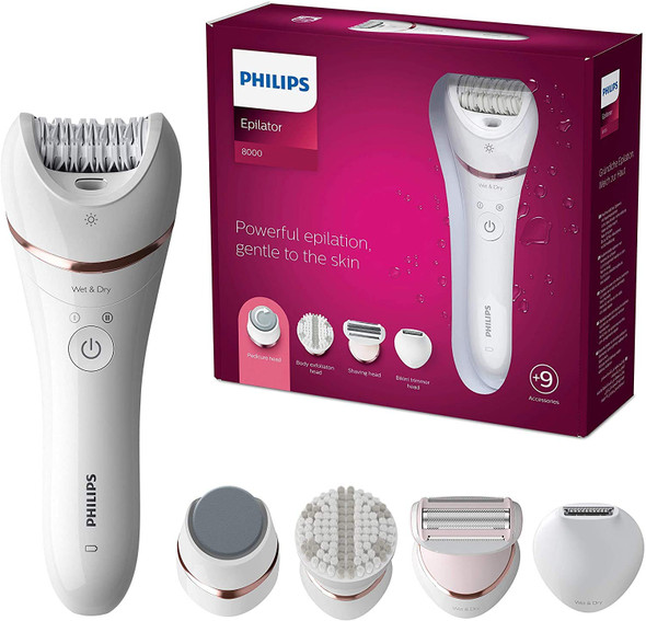 Philips Series 8000 Epilator, Wet and Dry Cordless Hair Removal and Skin Care System, For Legs, Body with 9 Accessories Including Shaver Head and Pedicure Foot File - BRE740/11