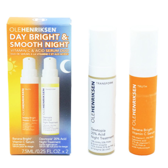 Ole Henriksen Day Bright  Smooth Night Vitamin C  Acid Serum Mini Duo Travel Size Set Banana Bright Vitamin C Face Serum with Hyaluronic Acid Dewtopia 20 Acid Night Treatment