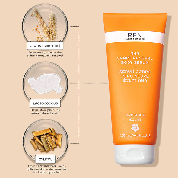 REN Clean Skincare - AHA Body Serum - 10% Lactic Acid for Gentle Exfoliation, Xylitol for Hydration - Smooths Uneven Texture, KP Bumps and Brightens Dark Spots - 6.7 Fl oz