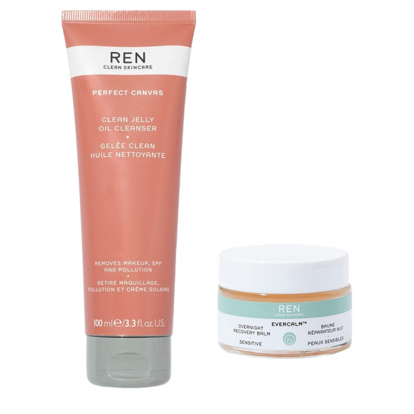 REN Clean Skincare Nighttime Clean Routine - Jelly Oil Cleanser & Evercalm Overnight Recovery Balm - Hydrating Omega 3 & Omega 6 Antioxidants for Makeup Removal, Gentle Face Wash and Moisturizer