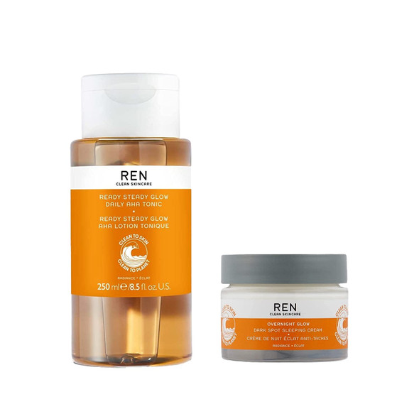 REN Clean Skincare 24/7 Glow Duo - Radiance Glow Tonic and Overnight Glow Dark Spot Sleeping Cream - Pore Reducer with AHAs & BHAs, Brighten, Exfoliate, Hydrate, Sun Spot & Acne Spot Treatment