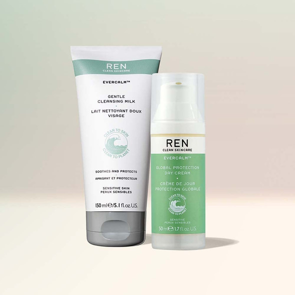 REN Clean Skincare Evercalm Global Protection Day Cream and Gentle Cleansing Milk - Calm & Nourish Skin, Reduce Pores, Gentle for Sensitive Skin, Use on Face & Neck - Vegan and Cruelty Free