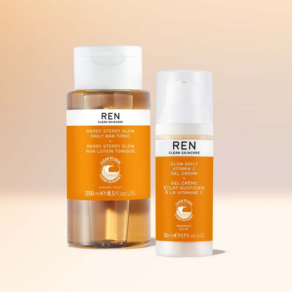 REN Clean Skincare REN Clean Skincare Ready Steady Glow Daily AHA Tonic and Glow Daily Vitamin C Gel Cream Moisturizer - Resurfacing AHAs & BHAs, Brighten, Exfoliate, Hydrate - Vegan & Cruelty Free