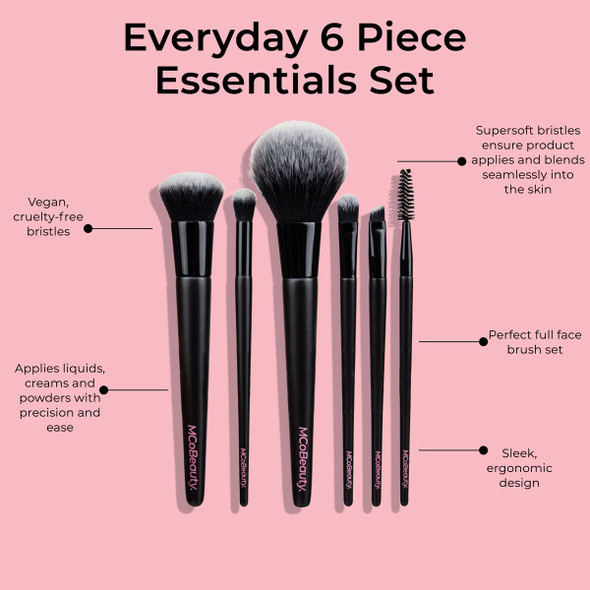 MCoBeauty Everyday Essentials Set - Coverage For Every Desired Makeup Look - From A Flawless Base To Defined Eyes In A Flash - Applies Liquids, Creams And Powders With Precision And Ease - 6 Pc Brush