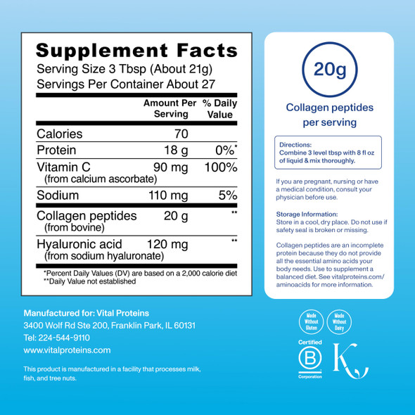 Vital Proteins Collagen Peptides Powder Advanced with Hyaluronic Acid & Vitamin C, 20oz Collagen Protein, Unflavored, 27 Servings