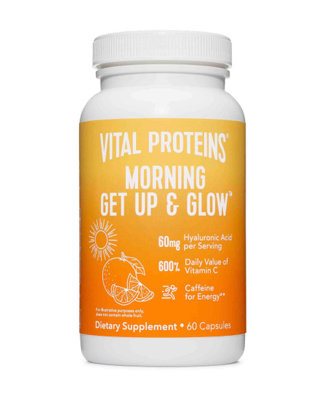 Vital Proteins Morning Get Up and Glow Capsules, 90mg Caffeine for Energy & Vitamin C & Biotin & Hyaluronic Acid Pills - 60ct