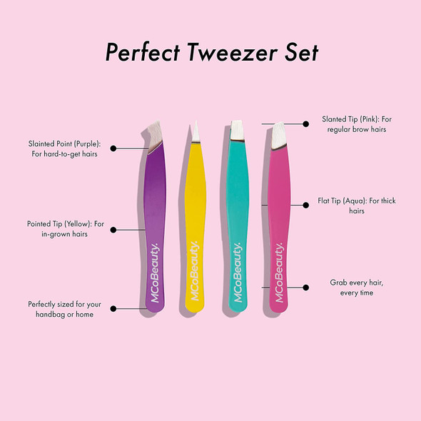 MCoBeauty Perfect Tweezers Set - Designed To Target All Types Of Hair - Perfectly Sized For Handbag, Desk Or Home - Ensures Correct And Easy Removal - Suitable For Use On Face And Body - 4 Pc