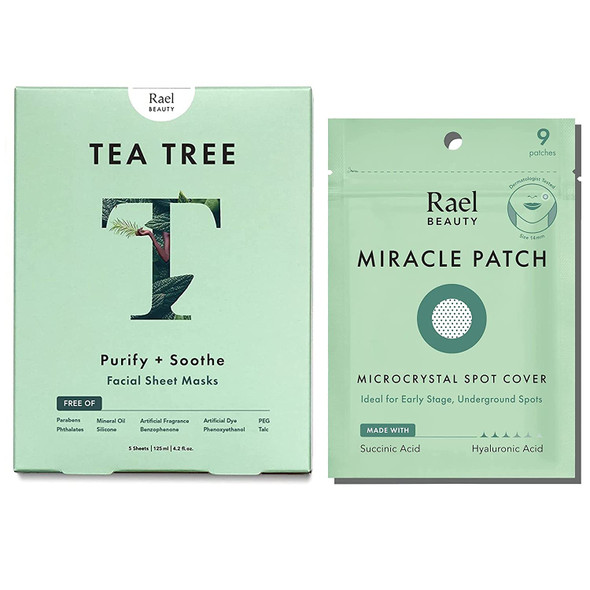 Rael Spot Care Bundle - Microcrystal Spot Cover (9 Count) & Rael Bamboo Facial Sheet Mask (Tea Tree, 5 Count)