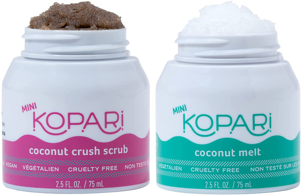 Kopari The Perfect Body Scrub and Moisturizer Set, Mini Hydrating Coconut Melt Moisturizer and Exfoliating Coconut Crush Scrub, 100% Coconut Oil, Cruelty Free, Non-GMO, 2.5 Fl Oz