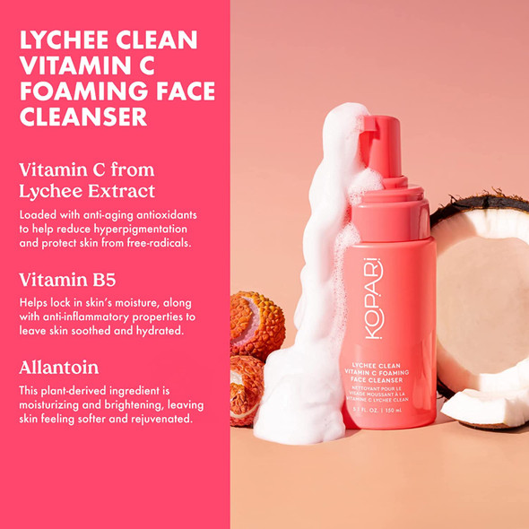 Kopari Lychee Clean Vitamin C Foaming Face Cleanser with Vitamin C, Vitamin B5 & Allantoin | Complexion Brightening and Hydrating Cleanser | Gentle Cleanse for Vibrant and Glowing Skin | Vegan and Cruelty Free | 2.1 fl Oz