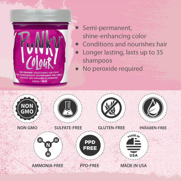 Punky Flamingo Pink Semi Permanent Conditioning Hair Color NonDamaging Hair Dye Vegan PPD and Paraben Free Transforms to Vibrant Hair Color Easy To Use and Apply Hair Tint lasts up to 40 washes 3.5oz