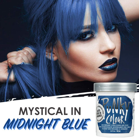 Punky Midnight Blue Semi Permanent Conditioning Hair Color NonDamaging Hair Dye Vegan PPD and Paraben Free Transforms to Vibrant Hair Color Easy To Use and Apply Hair Tint lasts up to 35 washes 3.5oz