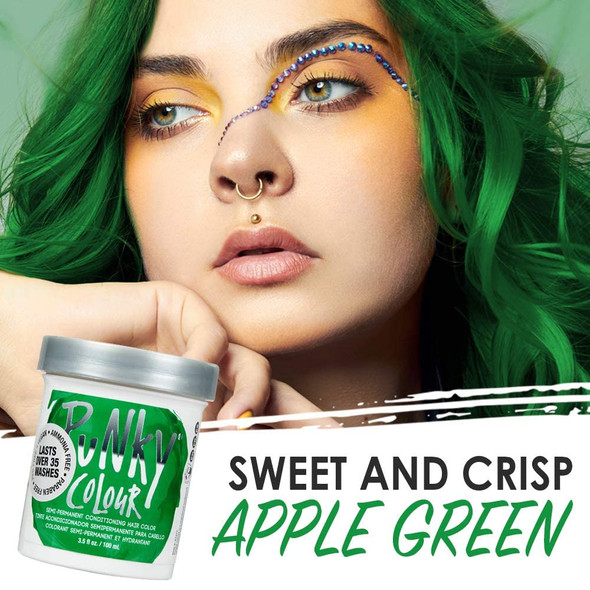 Punky Apple Green Semi Permanent Conditioning Hair Color NonDamaging Hair Dye Vegan PPD and Paraben Free Transforms to Vibrant Hair Color Easy To Use and Apply Hair Tint lasts up to 35 washes 3.5oz