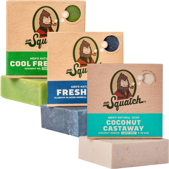 Dr. Squatch All Natural Bar Soap for Men, 3 Bar Variety Pack, NEW Coconut Castaway, Fresh Falls, and Cool Fresh Aloe - Natural Men's Bar Soap