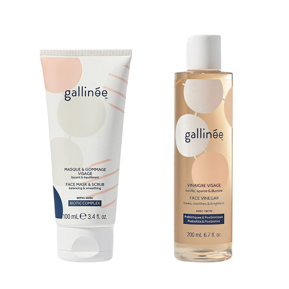 Gallinee Face Vinegar & Face Mask & Scrub  Natural Hydrating Prebiotic Facial Cleansing Toner and Exfoliating Twin Action Face Mask & Scrub with Lactic Acid, 30ml & 200ml