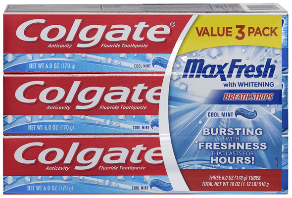 Colgate Max Fresh Toothpaste With Mini Breath Strips, Cool Mint, 3 Count