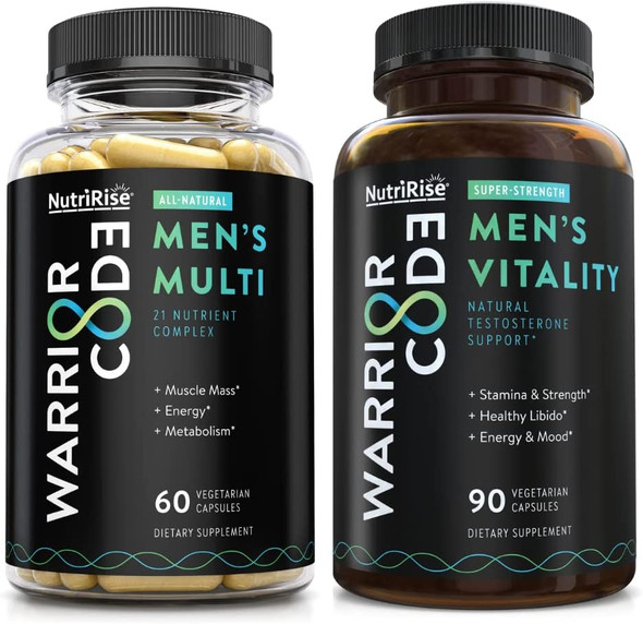 Warrior Code Mens Vitality + Mens Multi - Testosterone & Multivitamin Bundle with Vitamin B-Complex, D3, C, E & Zinc + Herbs with Ashwagandha for Complete Mens Health Support