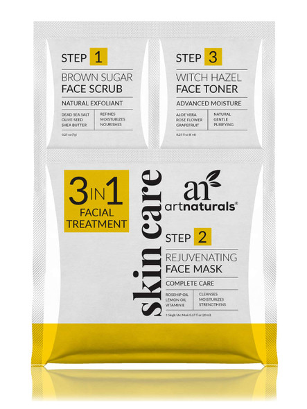 ArtNaturals Skin Care Face Mask Scrub & Toner (3 in 1 Set) Brown Sugar Scrub, Rejuvinating Facial Mask & Witch Hazel Toner -Exfoliating, Pore Cleansing & Moisturizing Treatment - All Skin Types