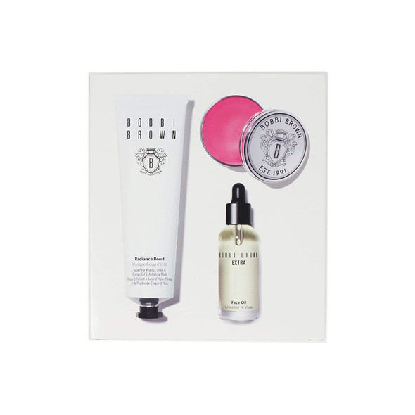 Bobbi Brown The Bobbi Glow Skincare Trio Set with Extra Face Oil, Radiance Boost Superfine Walnut Grain and Orange Oil Exfoliating Mask and Tinted Lip Balm