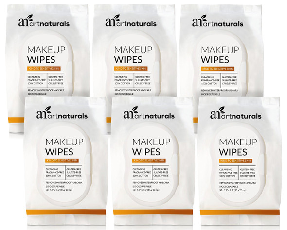ArtNaturals Makeup Remover Cleansing Wipes-Towelettes – (30 Count x 6 Piece Set) – Biodegradable Facial Wipes Remove All Makeup Including Waterproof Mascara – for Sensitive Face and Skin
