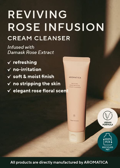 AROMATICA Reviving Rose Infusion Cream Cleanser 5.11oz /145g | Vegan, Hydrating Foaming cleanser for dry skin | with Damask Rose Water and Rose Oil | Korean Skincare