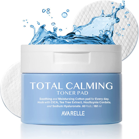 Avarelle Total Calming Toner Pads (60 Pads/180 ml) Hyaluronic Acid, Heart Leaf, CICA & Tea Tree. Gentle Face Exfoliating Wipes with AHA & PHA. Certified Vegan, Cruetly-Free, EWG-Verified