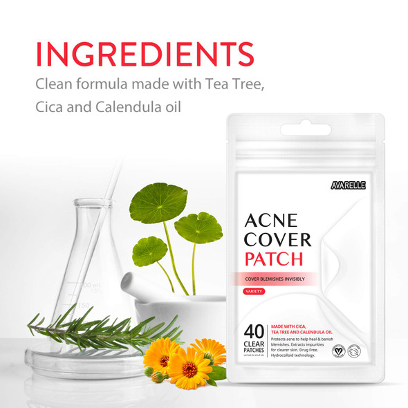 Avarelle Acne Pimple Patch (40 Count) Absorbing Hydrocolloid Spot Treatment with Tea Tree Oil, Calendula Oil and Cica, Certified Vegan, Cruelty Free (VARIETY / 40 COUNT)