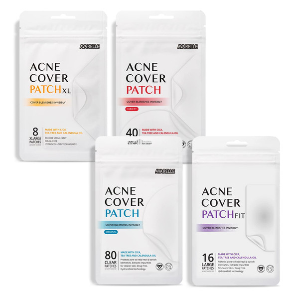 Avarelle Pimple Patches Hydrocolloid Acne Patches, Acne Spot Treatment for Blemishes and Zit with Tea Tree Oil, Calendula Oil and Cica Oil for Face, Vegan, Cr (8 XL + Fit + Variety + 80 CT)