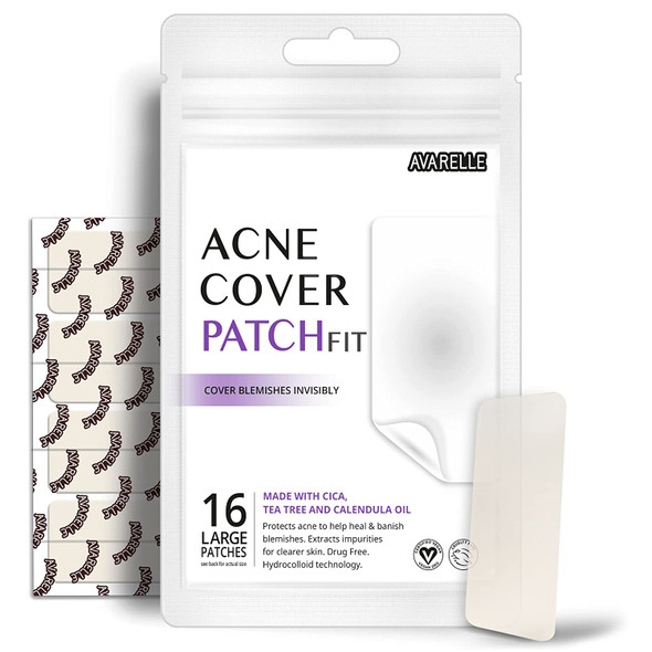 Avarelle Acne Cover Patch FIT (16 Count) Blemishes Patches, Acne Spot Treatment for Zit with Tea Tree, Calendula and Cica Oil for Face, Neck, & Back, Vegan, Cruelty Free (RECTANGULAR / 16 PATCHES)